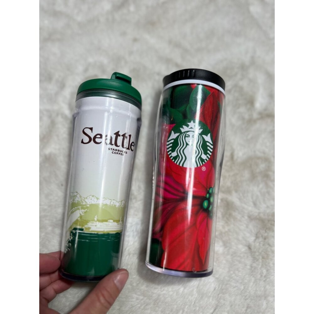 Starbucks Seattle and Christmas Poinsettia travel coffee mug lot